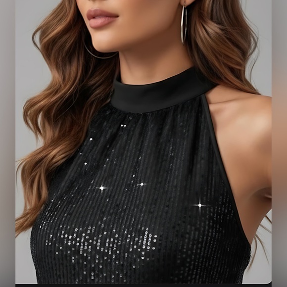 Black Sequin Back Tie Halter Top - Picture 2 of 5
